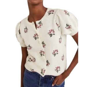 Boden Printed Puff Sleeve Wool Alpaca Blend Cardigan Floral Short Sleeve Sweater